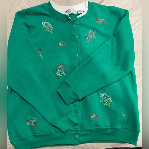 Malarkey VTG Ugly Christmas Sweater Cardigan Green Embroidered Button Up Large - Picture 4 of 5